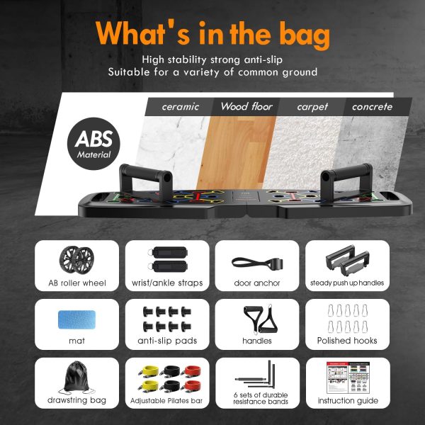 Push Up Board,Home Gym,Portable Exercise Equipment,Pilates Bar and 20 Fitness Accessories with Resistance Bands and Ab Roller Wheel,Full Body Workout at Home - Image 4