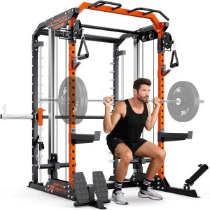 YOLEO Smith Machine with Independent Dual-Pulley System, 1700LBS Adjustable Cable Crossover Squat Rack, Multi-Functional Power Cage for Home Gym with More Workout Equipment LAT Pulldown Bar & Dip Bar
