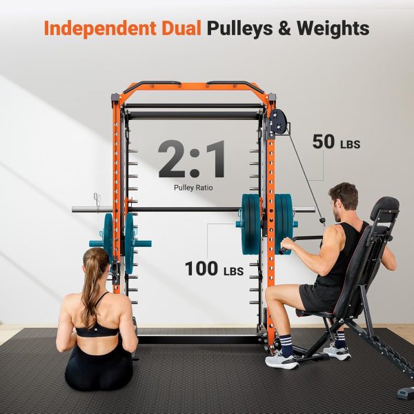 YOLEO Smith Machine with Independent Dual-Pulley System, 1700LBS Adjustable Cable Crossover Squat Rack, Multi-Functional Power Cage for Home Gym with More Workout Equipment LAT Pulldown Bar & Dip Bar - Image 4