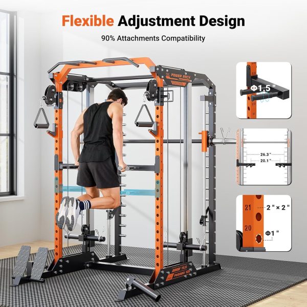 YOLEO Smith Machine with Independent Dual-Pulley System, 1700LBS Adjustable Cable Crossover Squat Rack, Multi-Functional Power Cage for Home Gym with More Workout Equipment LAT Pulldown Bar & Dip Bar - Image 7