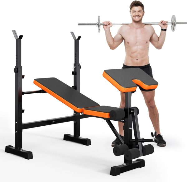 YOLEO 6 in 1 Weight Bench Set for Home Gym, Adjustable & Foldable Weight Bench, Workout Bench with Squat Rack for Bench Press Sit up Incline Flat Decline